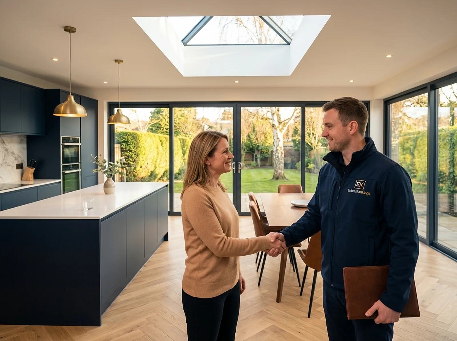 An ExtensionKings team member shaking hands with a homeowner in their finished open-plan kitchen-diner extension